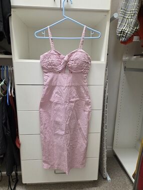 Retro Pink Polka Dot Ruched Bust Midi Dress